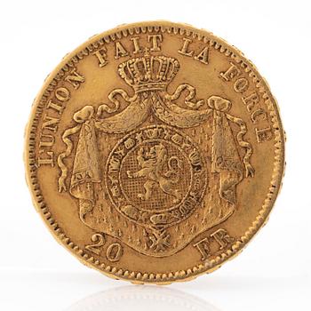 Gold coin, Belgium, Leopold II, 20 Franc, 1870.