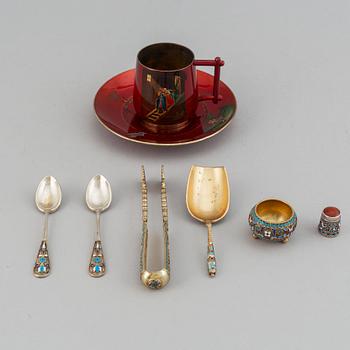 Seven Russian silver and enamle pieces for tea, late 19th-early 20th century.