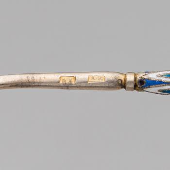 A pair of silver-gilt, cloisonné enamelled teaspoons, Moscow mid-19th Century. Assay master mark of Andrey A. Kovalsky.