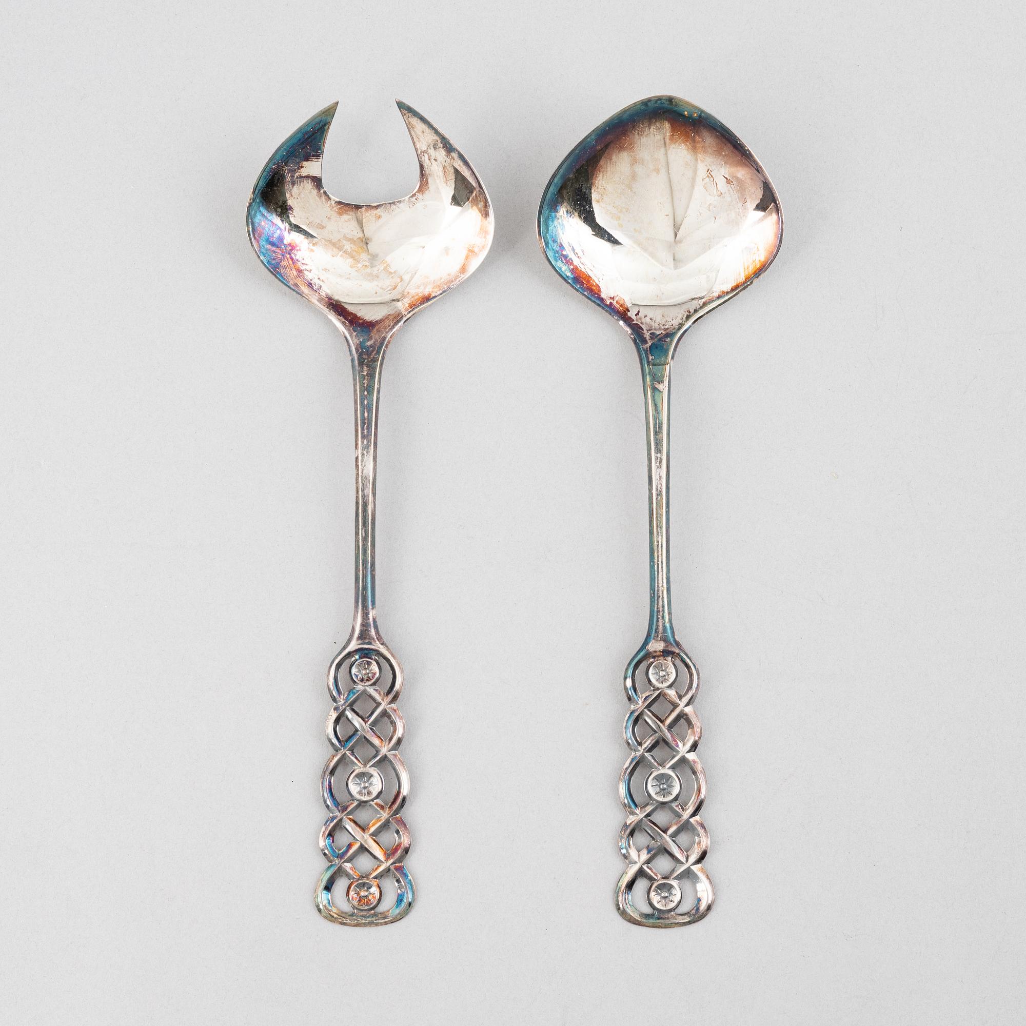 A pair of silver salad servers, David Andersen, Norway, mid-20th century.