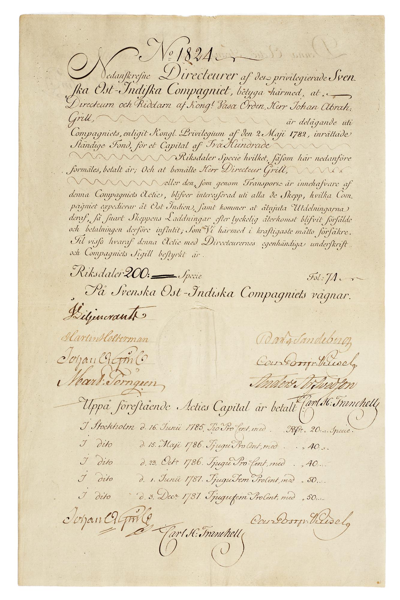 SVENSKA AKTIEBREV 1728-1899, en samling om 1198 aktiebrev samt diverse dokument rörande Göta kanal bolaget såsom regler.
