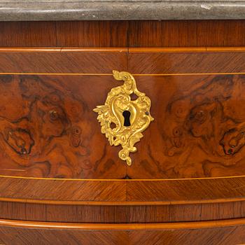 A Swedish rococo parquetry and gilt-bronze mounted commode in the manner of C. W. Hein, later part of the 18th century.