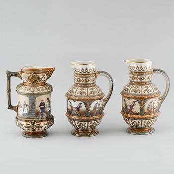 Three majolica jugs from Rörstrand, around the year 1900.