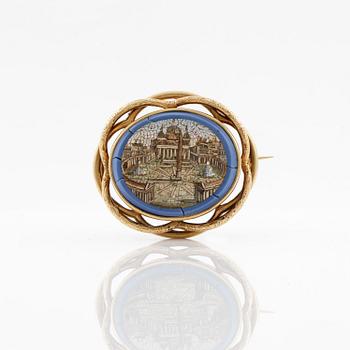 BROSCH, micromosaik, 18 k guld, 1900-tal. Totalvikt ca 13,9 gram.