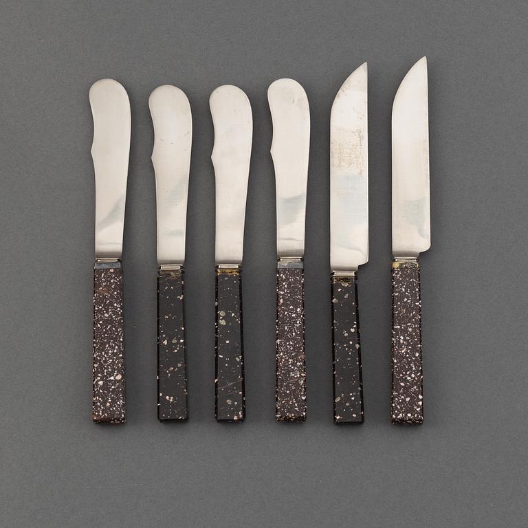 Six knivex with pophyry handles, from  E. Jernmanuf. Aktiebolag, Eskilstuna,