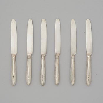 A set of six Swedish 18th centurys silver fruit-/chees-knifes, mark of JW Zimmerman, Stockholm 1796.