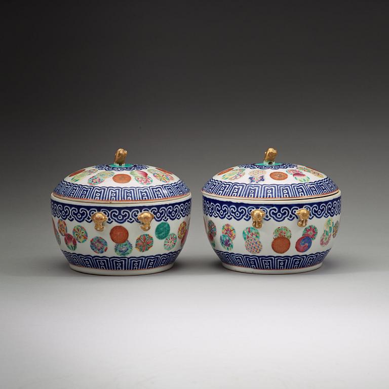 A pair of famille rose and blue enamel tureens with covers, late Qing dynasty.