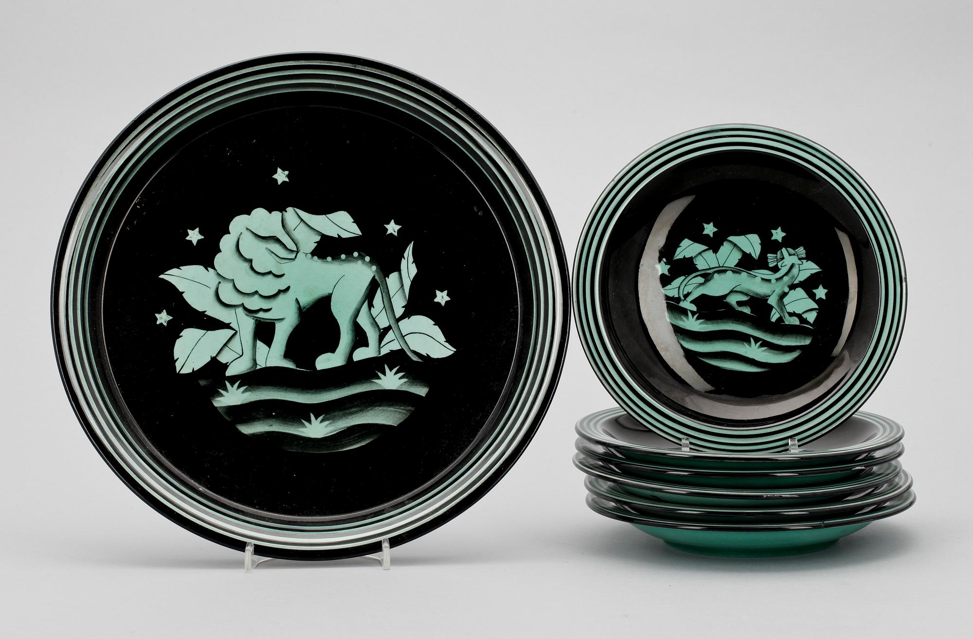 FAT OCH ASSIETTER, 6 delar, flintgods, Ilse Claesson, Rörstrand, art deco, 1920-tal.