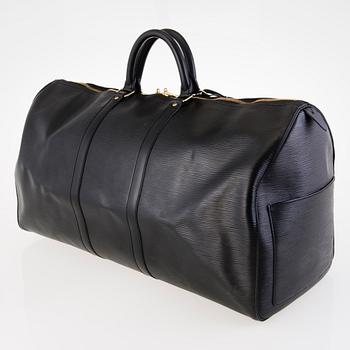 LOUIS VUITTON BLACK EPI LEATHER KEEPALL 55 TRAVEL BAG.