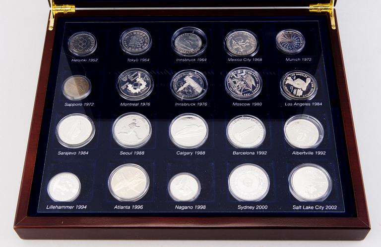 Set of Olympic coins, 21 pcs, partly silver, Olympic Coin Collection 1952-2002 boxed set and Athens 2004.