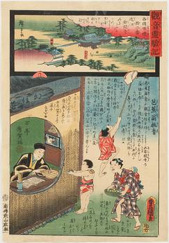 UTAGAWA KUNISADA KOCHORO TOYOKUNI III och HIROSHIGE II, träsnitt, Japan, 1800-tal.