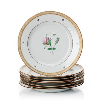 1064. A set of eigth famille rose dinner plates, Qing dynasty, Qianlong, dated 1789.