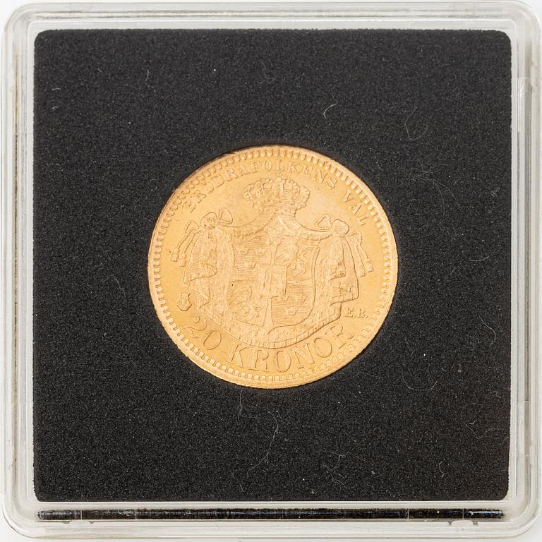Gold coin, Oscar II, 20 kronor, type III, Sweden 1879.