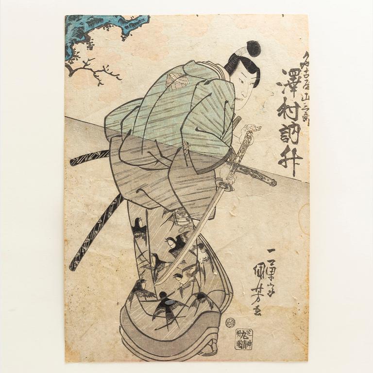 Five Japanese colored woodblock prints, including KUNIYOSHI, SHIGEHARU, KUNISADA, 19th century.