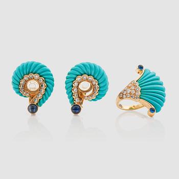 1200. A carved turquoise, cabochon-cut sapphire and diamond ring with matching earrings.