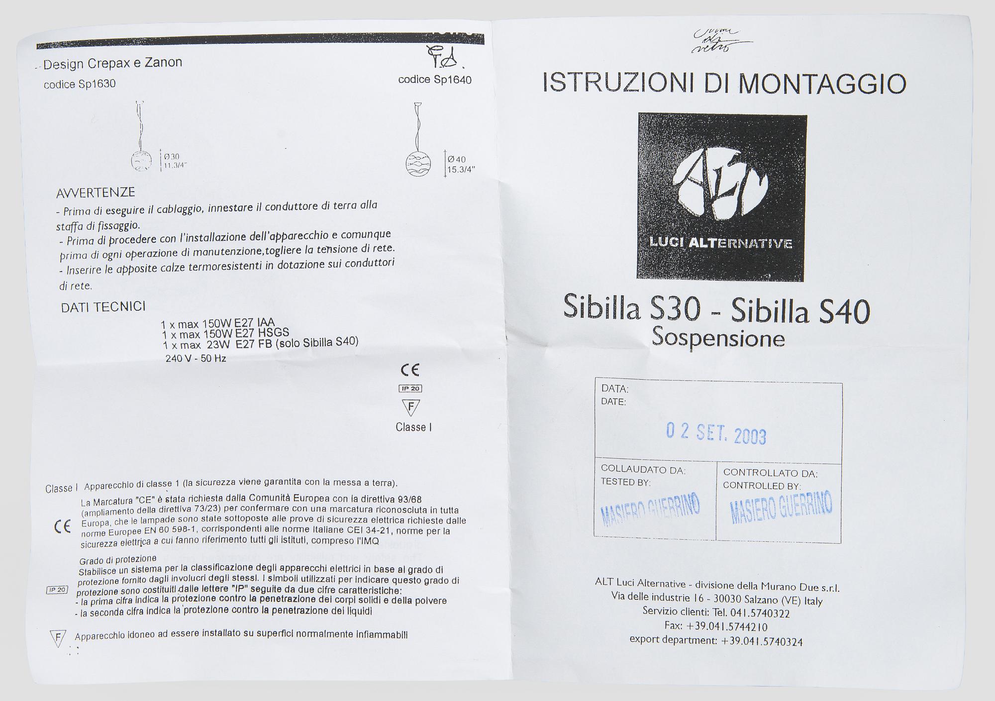 A "Sibilla" pendant light, ALT Luci Alternative, Murano, Italy 2000s.