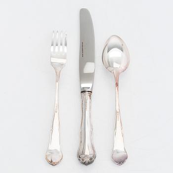 Bestickuppsättning för tolv, 36 dlr, silver, "Chippendale", Auran Kultaseppä, Åbo 1990-93. I originallåda.