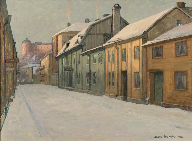 Jonas Lindkvist, Winter View from Vretgränd towards Uppsala Castle.