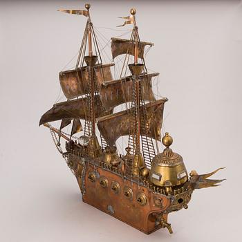 A copper and brass ship model signed B.O. -74.