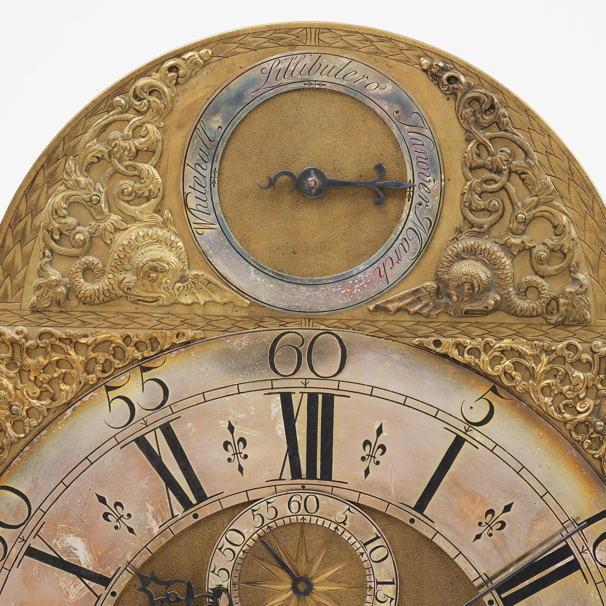 A George II japanned musical longcase clock by William Barrow (watchmaker in London 1700-36).