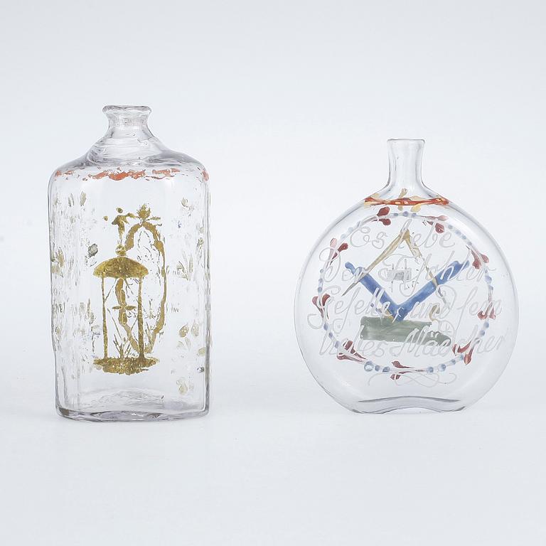 FLASKOR, 2 st, bemålade, sannolikt Tyskland 1800-tal.