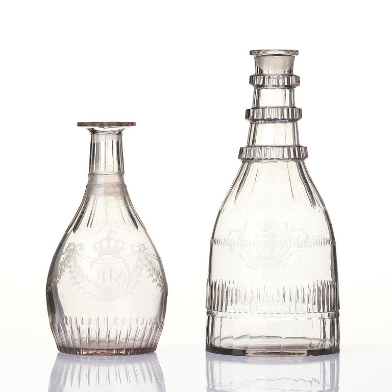 A 12 part glass service engraved by Anders Spolander, with the monogram of Carolus XIII, Reijmyre Sweden, 1810’s.