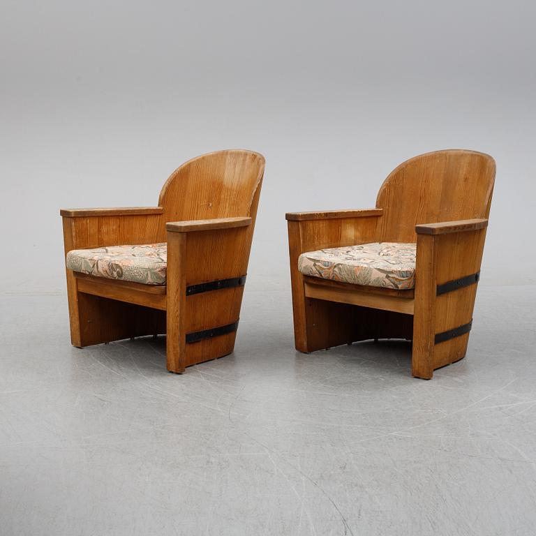 A pair of pine easy chairs, Åby Möbelfabrik, 1930's/40's.