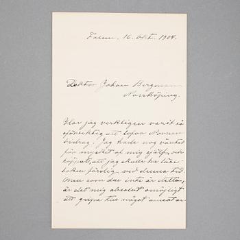 SELMA LAGERLÖF (1858-1940), egenhändigt brev med namnteckning, dat Falun 10 okt 1904.