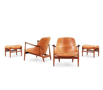 7. A pair of Ib Kofod Larsen 'Elisabeth' teak and brown leather easy chairs and ottomans, Christensen & Larsen, Denmark.