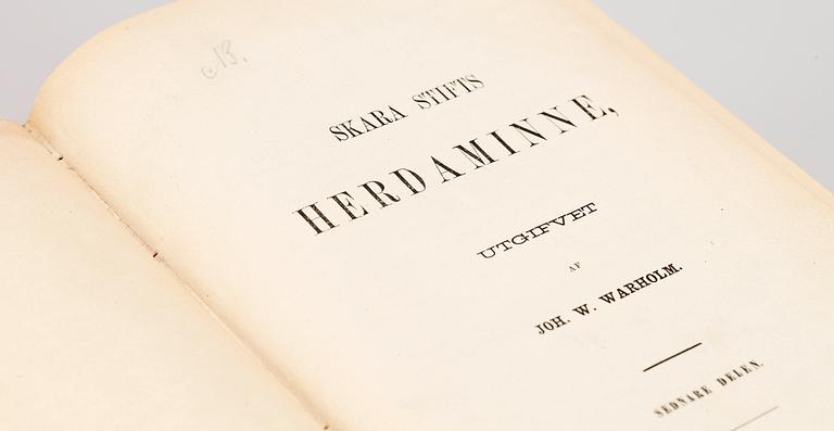 BOKVERK, 2+2 vol, "Skara Stifts Herdaminne" av JW Warholm resp "Skara Stifts Herdaminne" av LA Cederblom och CO FRiberg, Mariestad 1871 resp Stockholm 1928-29.