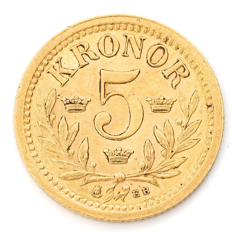 Guldmynt, Sverige, Oscar II, 5 kronor, 1899.