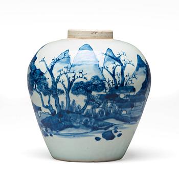 A blue and white Transitional jar, 17th Century.