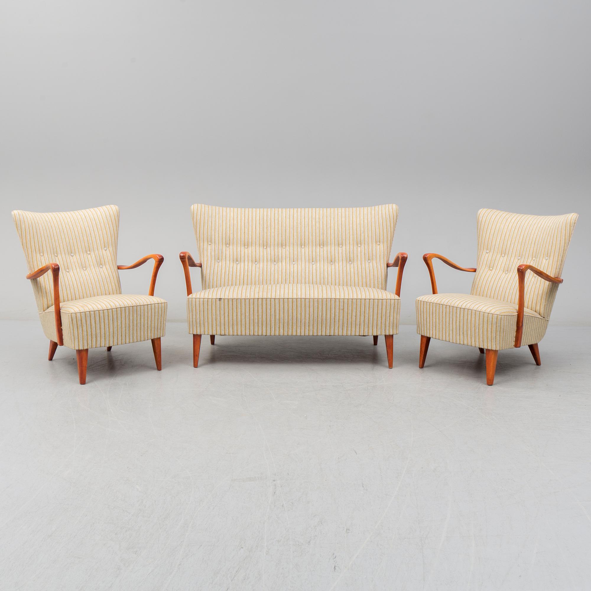 SOFFA SAMT FÅTÖLJER, ett par, 1940-/50-tal.