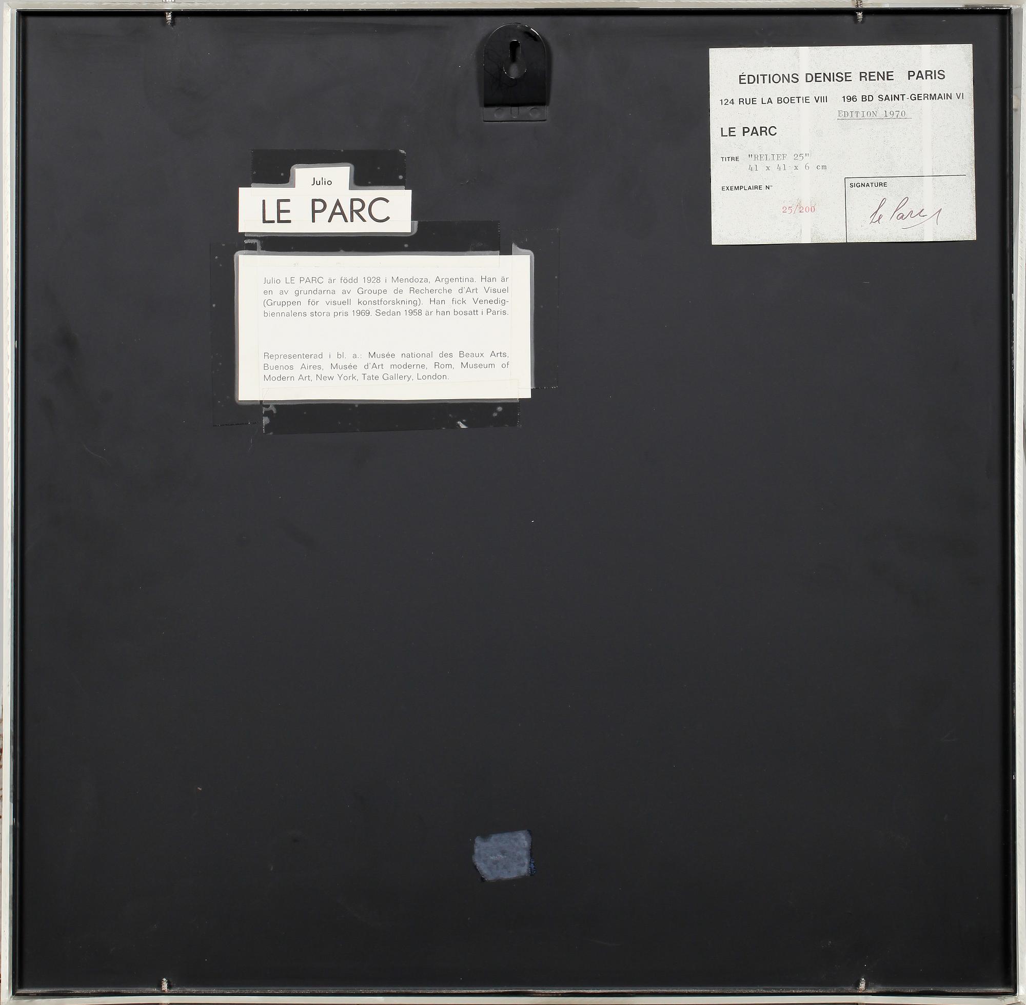 JULIO LE PARC, multipel, signerad och numrerad 25/200 a tergo på påklistrad etikett.