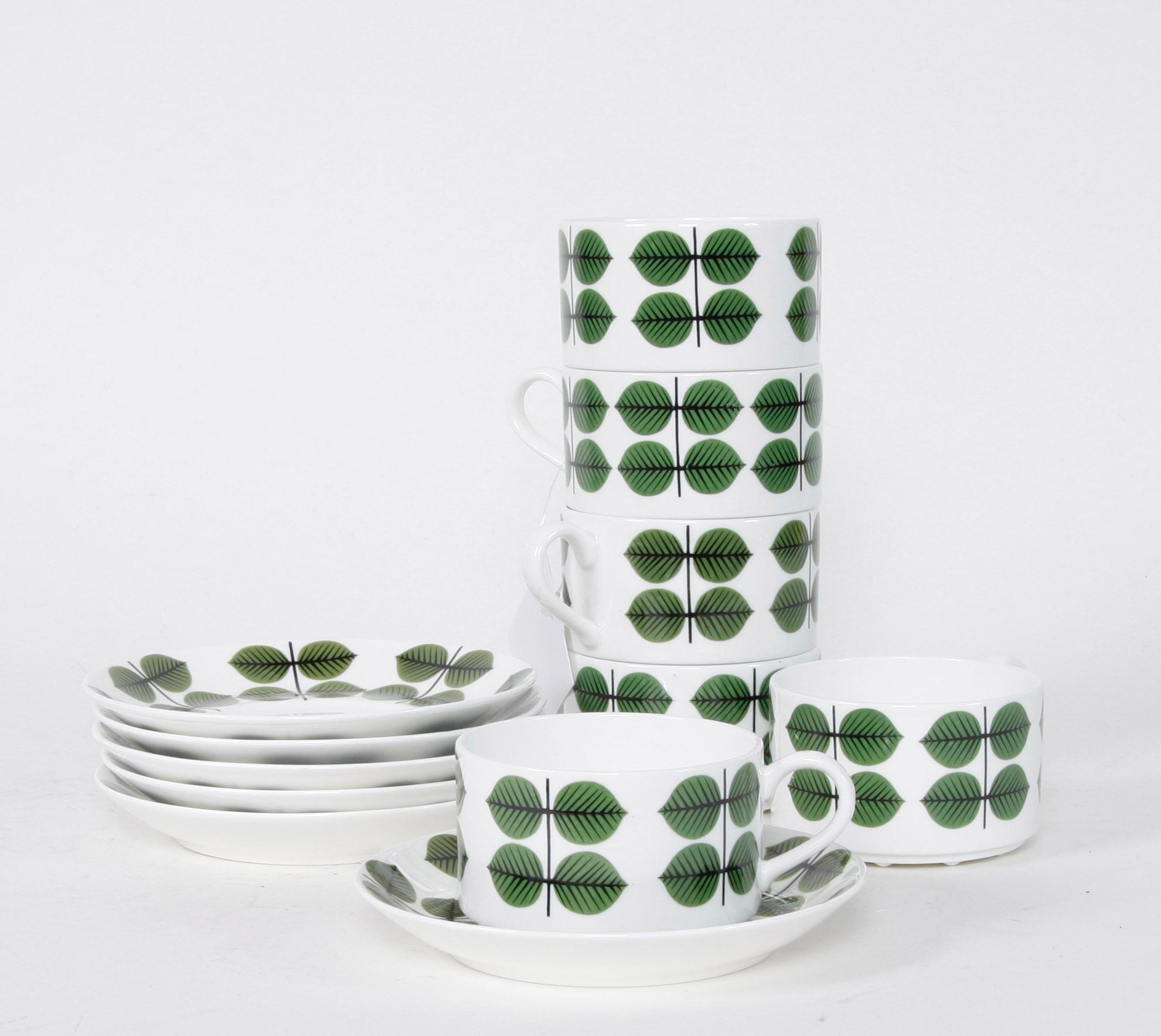 KAFFEKOPPAR, 6 st, benporslin, "Berså", Stig Lindberg, Gustavsberg, 2000-tal.
