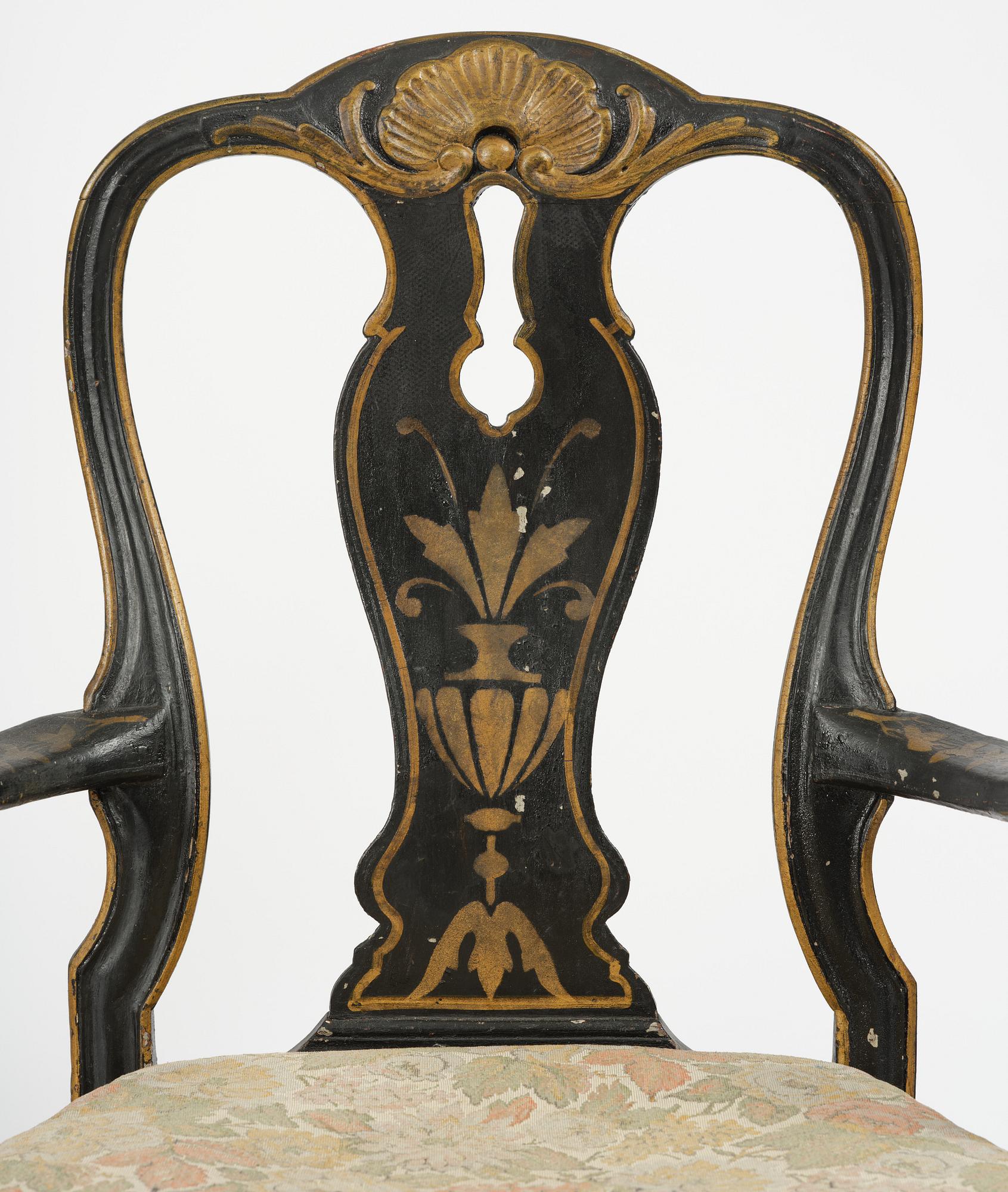 A pair of japanned Swedish rococo armchairs, Stockholm, later part 18th century.