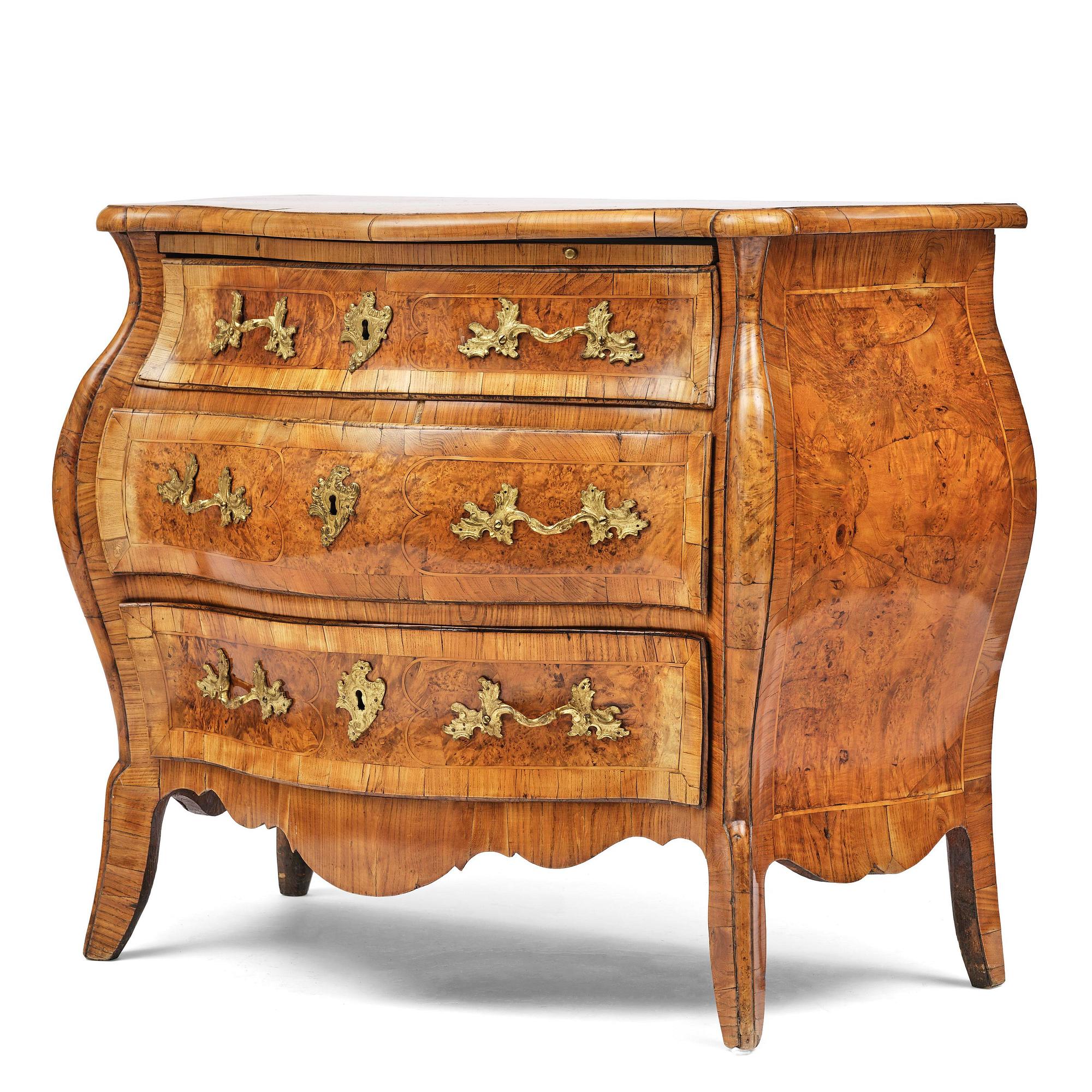 A burr alder parquetry rococo commode, Mälardalen, Sweden, later part 18th century.
