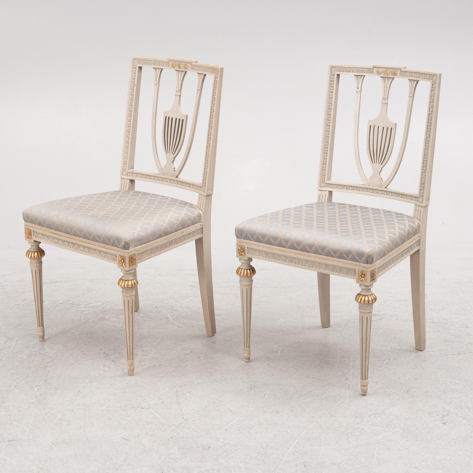 Eight Gustavian style chairs, Sweden, mid20th century/second half of the 20th century.