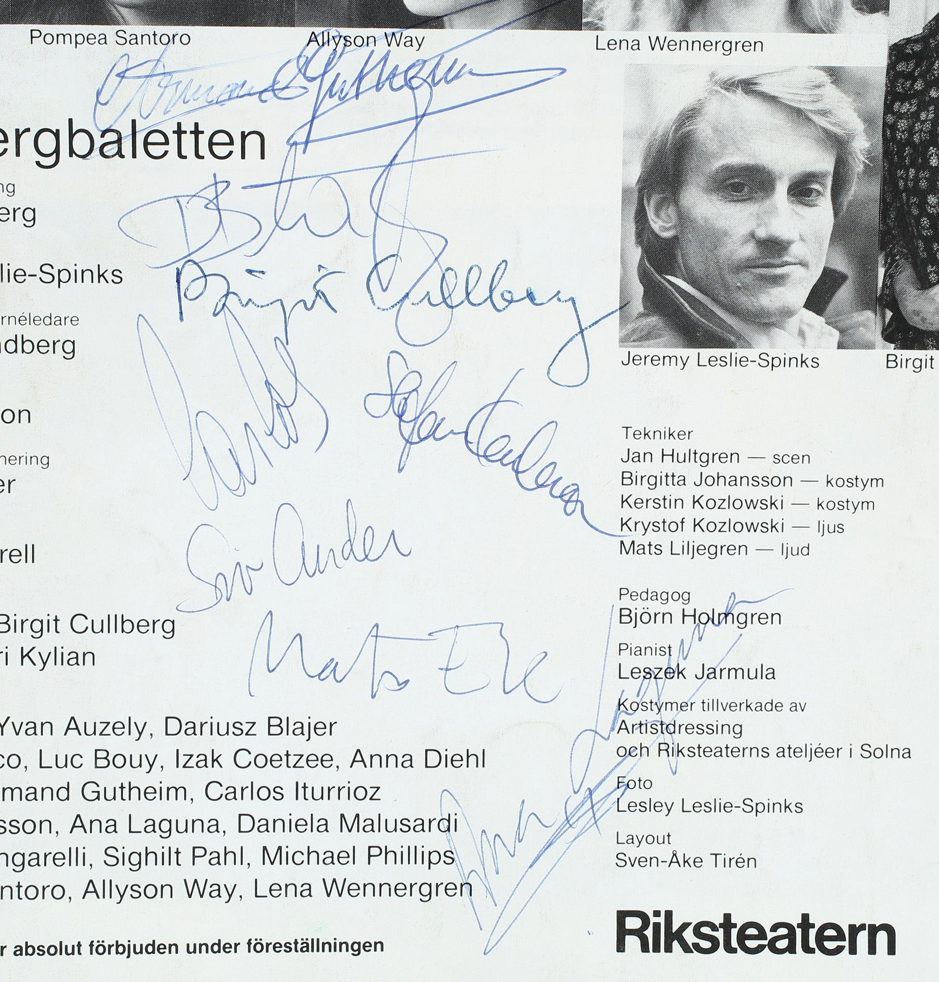 RUDOLF NUREYEV (1938-1993), autograf på informationsblad, Cullbergbaletten på Cirkus, Riksteatern 1981.