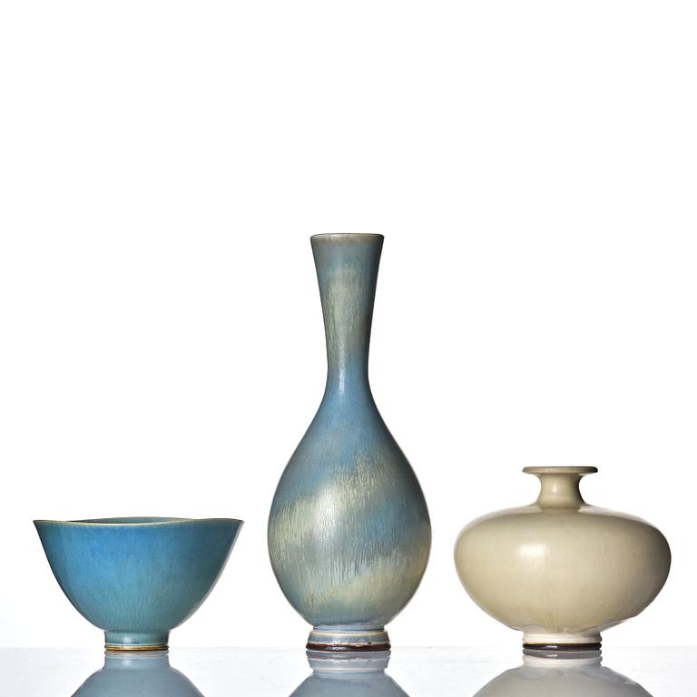 Berndt Friberg, two stoneware vases and a bowl, Gustavsberg studio, Sweden 1955, 1978 and 1979.