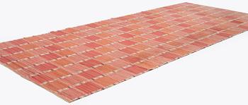 Barbro Nilsson, a carpet, 'Falurutan, röd Borås', flat weave, c. 502 x 212 cm, signed AB MMF BN.