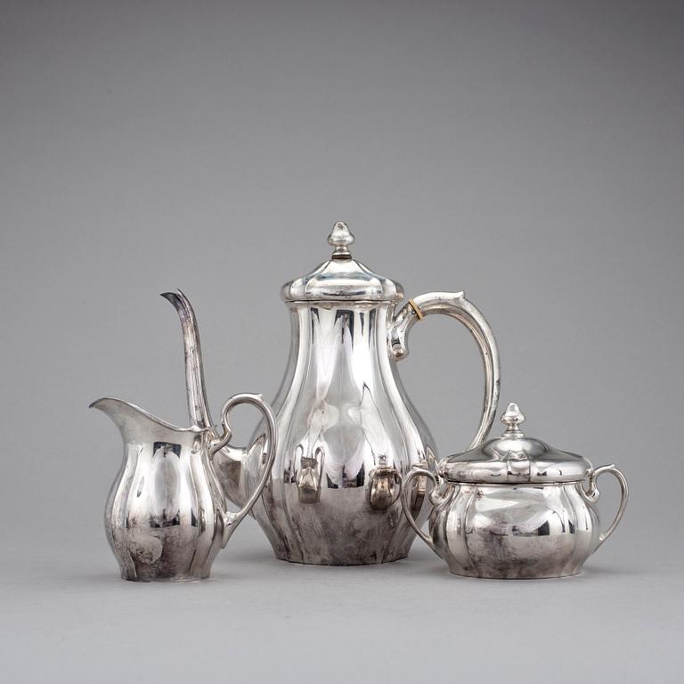 KAFFESERVIS, 3 delar, silver, troligen Tyskland. Vikt 1100 g.