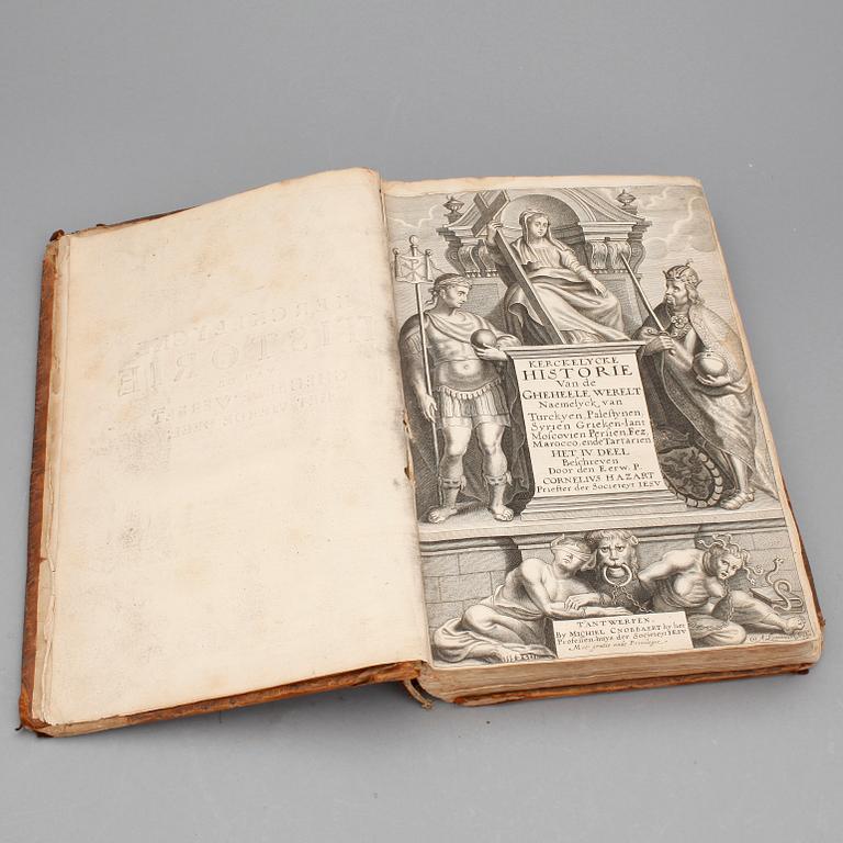 BÖCKER, 2 st, bla "Kerckelycke Historie van de Gheheele Werelt...", av P.Cornelius Hazart, Antwerpen 1671.