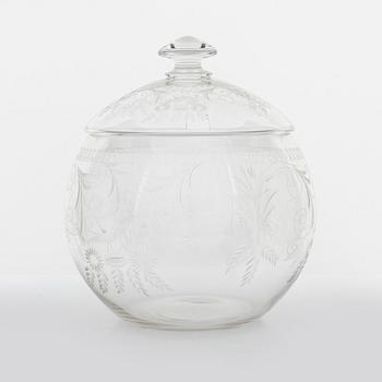 A punch bowl and mugs, glass, mid 20th century.