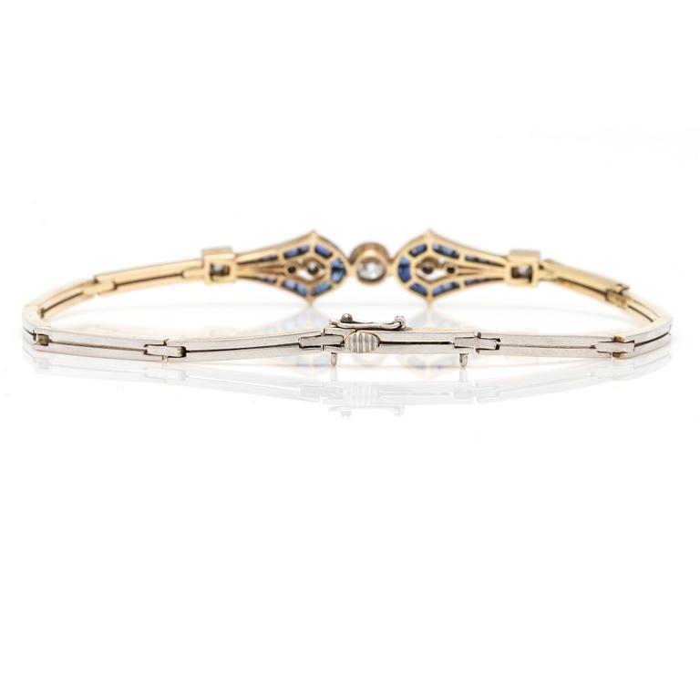 An Art Deco bracelet with old-cut diamonds and carré-cut sapphires.
