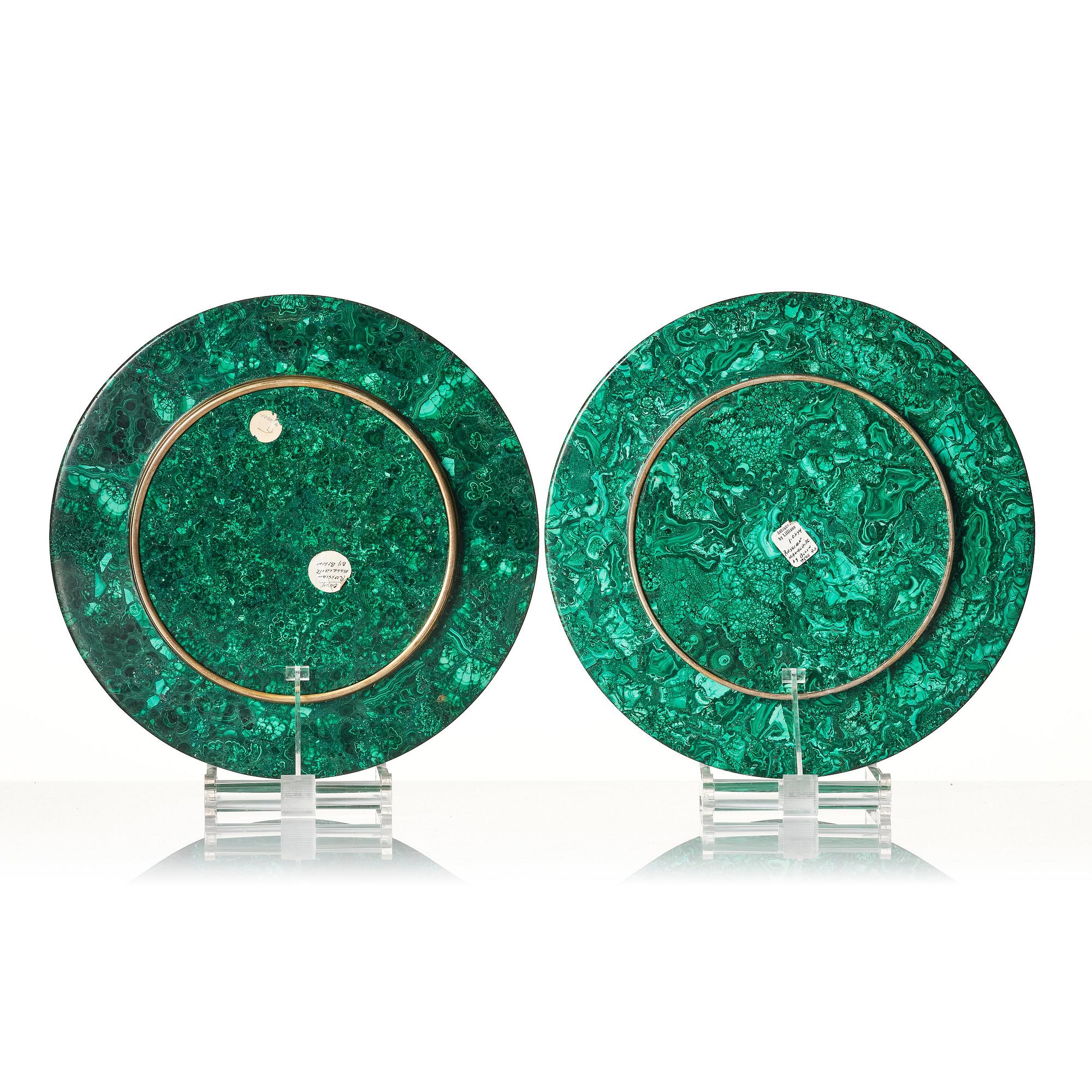 A pair of important Bolin 18K Gold and Gilt Silver Imperial presentation Malachite dishes, C.E. Bolin, St Petersburg, ca.