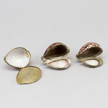 THREE COWRIE SHELL SNUFF BOXES, 19th century.