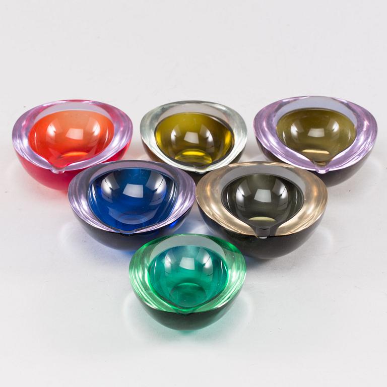 A set of 6 Murano glass ashtrays, 1965.