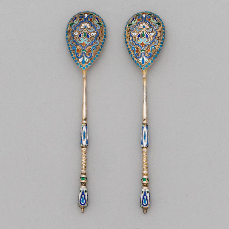 A pair of silver-gilt, cloisonné enamelled teaspoons, Moscow mid-19th Century. Assay master mark of Andrey A. Kovalsky.