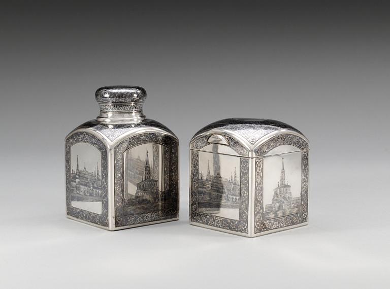 A SET OF RUSSIAN SILVER AND NIELLO TEA-CADDY AND SUGAR-BOX, makers mark of Pavel Ameriantiyev, Moscow 1899-1908.